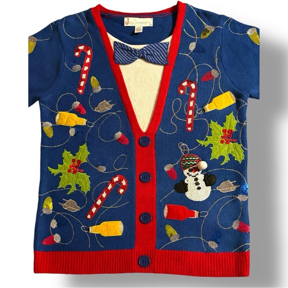Jolly Sweaters Bright Blue Sequins Ugly Christmas Sweater Bow Tie Pullover Sz M - Picture 11 of 13